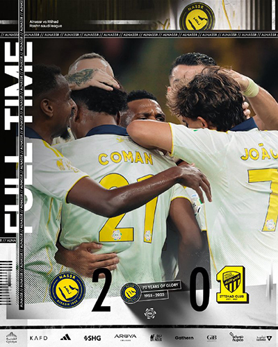 沙特联：利雅得胜利2-0吉达联合 C罗第946球+失空门马内传射