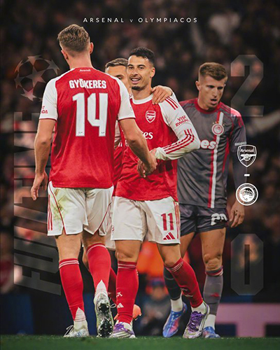 欧冠：阿森纳2-0奥林匹亚 马丁内利破门 厄德高亮眼