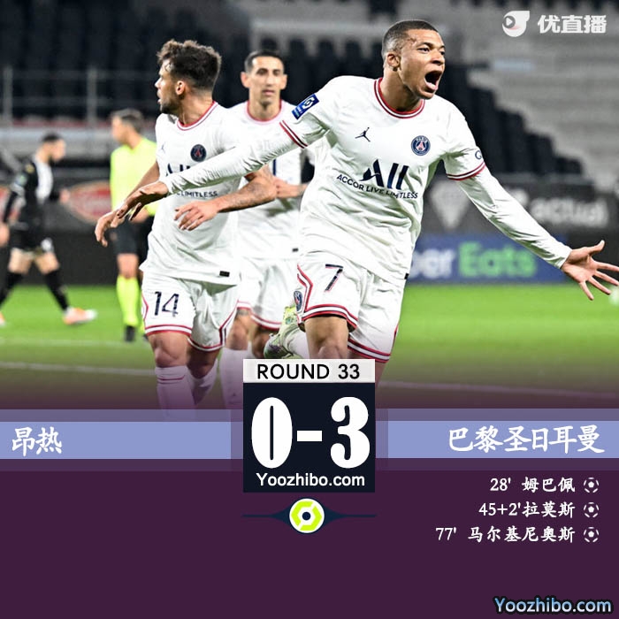 巴黎圣日耳曼客场3-0击败昂热