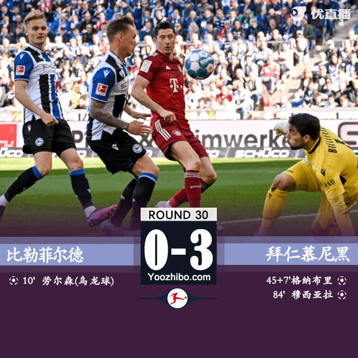 拜仁3-0比勒菲尔德 戴维斯造乌龙格纳布里、穆西亚拉进球