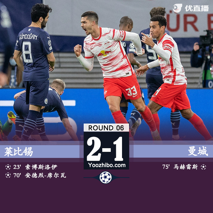 莱比锡2-1曼城 马赫雷斯破门沃克染红