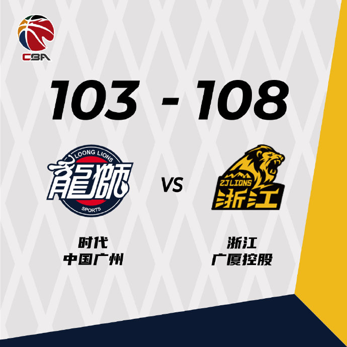 广厦108-103力克广州 孙铭徽35+5 胡金秋30+8 陈盈骏23+16